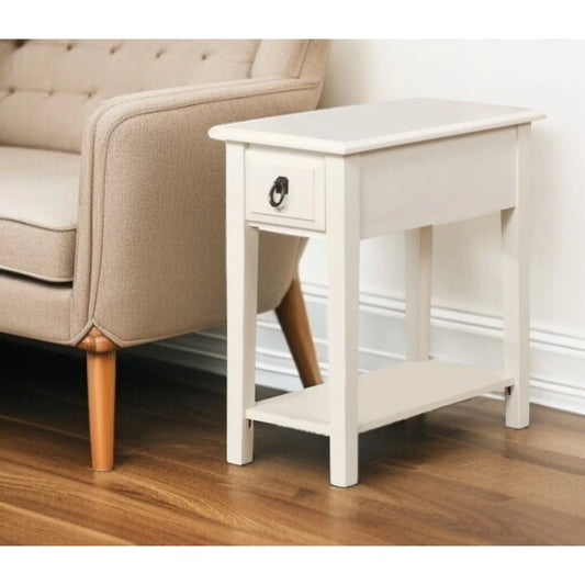 HMS 23\" White Solid Wood End Table for Living Room Featuring Drawer and Shelf