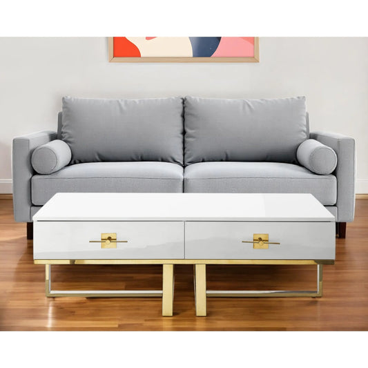 HMS 47\" Light Gray and Silver Metallic Stainless Steel Coffee Table with Two Drawers