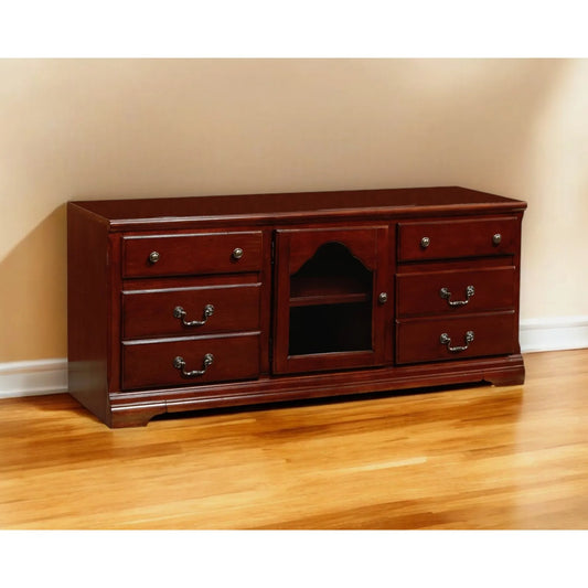 HMS 58\" Brown Wood and Glass TV Stand with Enclosed and Open Storage for Home Entertainment