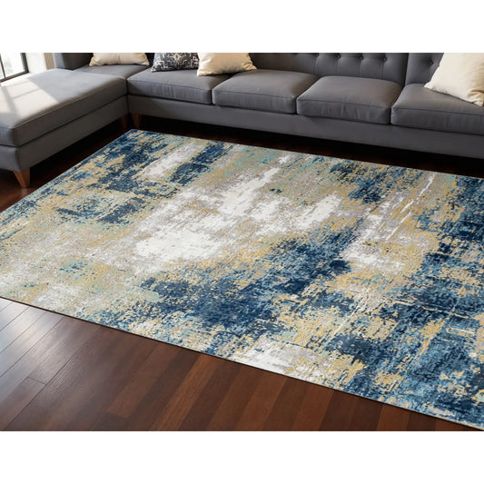 Hand Knotted Abstract Area Rug 8' X 10' Blue Ivory and Gold HMS Set