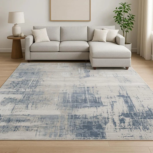 HMS Hand Knotted Jute Area Rug 8' X 10' Blue Abstract Design for Teen Home Living Room Large Rectangle Hallway Pattern