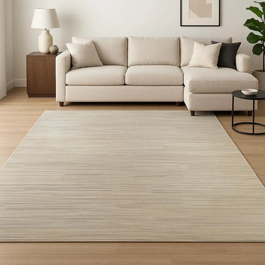 Classic Beige Abstract Hand Knotted 8' X 10' Area Rug for Living Room Teen Bedroom Jacquard Technique Made Durable Polyester