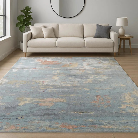 HMS Hand Knotted Jute Area Rug 8' X 10' Blue Abstract Design Teen Home Living Room Rectangle Hallway Large Rectangle Handmade