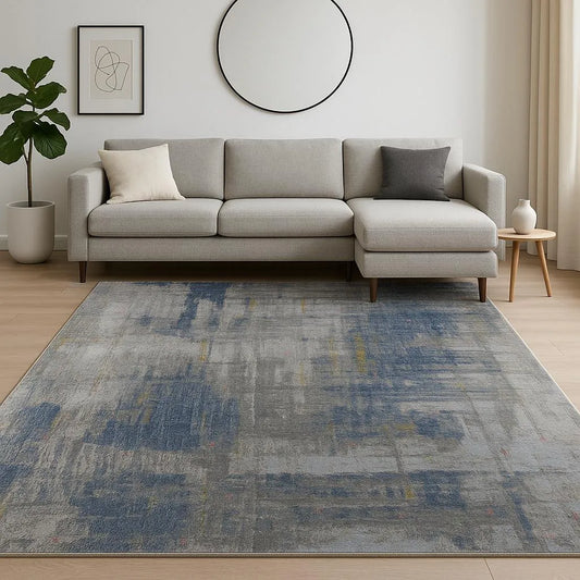 HMS Large 8' X 10' Blue Abstract Jacquard Hand Knotted Jute Rug Rectangle Hallway Pattern for Home Living Room or House Use