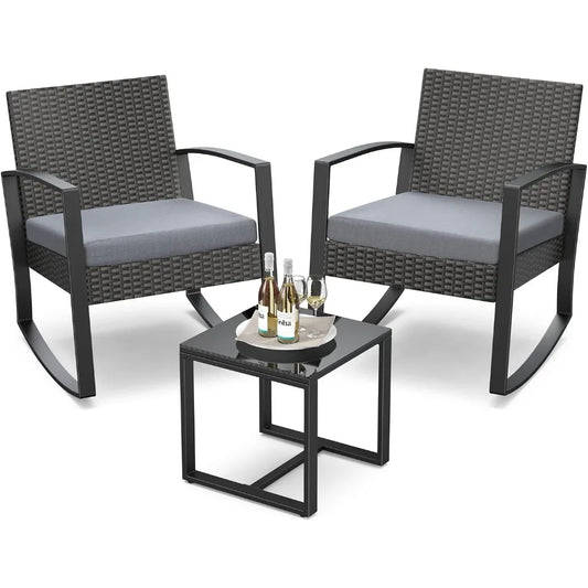 3 Pieces Patio Furniture Set Rocking Bistro Outdoor Rattan Conversation with Coffee Table, Garden Furniture Sets