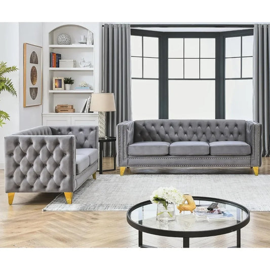 Velvet Living Room Sofa Set, Sofa with Tufted Back and Rivet Decoration, Couch with Solid Golden Metal Tapered Legs, Sofas