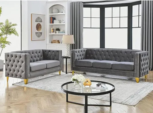 Velvet Living Room Sofa Set, Sofa with Tufted Back and Rivet Decoration, Couch with Solid Golden Metal Tapered Legs, Sofas