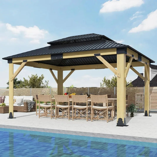 Outdoor Wooden Gazebo, Patio Galvanized Steel Gazebos with Double Vented Roof, Heavy-Duty Cedar Wood for Garden Use Solution