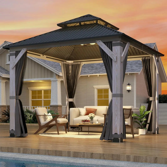 Outdoor Wooden Gazebo, Patio Galvanized Steel Gazebos with Double Vented Roof, Heavy-Duty Cedar Wood for Garden Use Solution