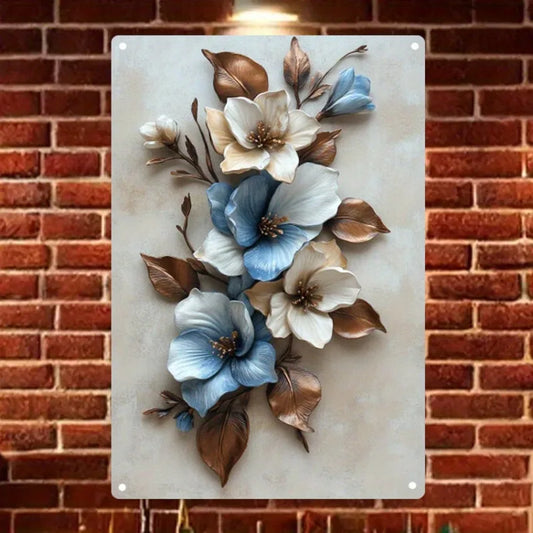 Elegant Blue and White Flower Metal Wall Art Easy To Hang Durable Wrought Iron Decoration Suitable for Living Room Bedroom