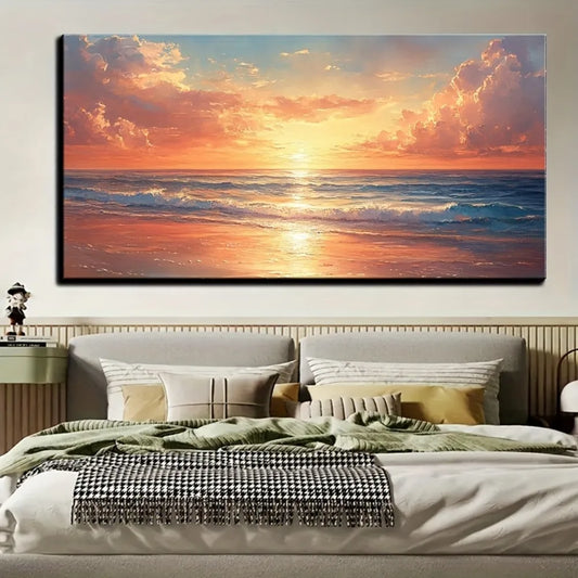 Seaside sunrise scenery Modern abstract oil painting canvas wall decoration, 1.5 inches thick pine solid wood frame